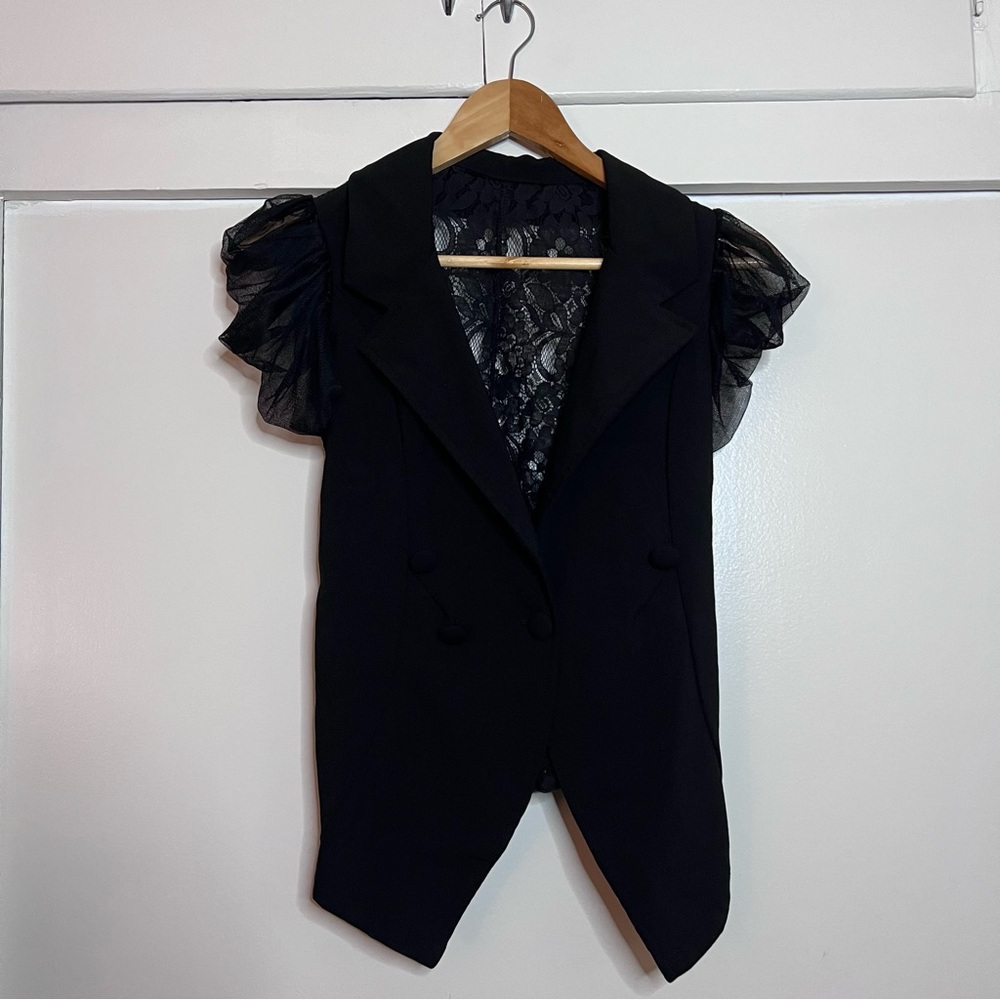 VINTAGE Lace Back Sheer Capped Puff Sleeves Short Sleeve Blazer Size S